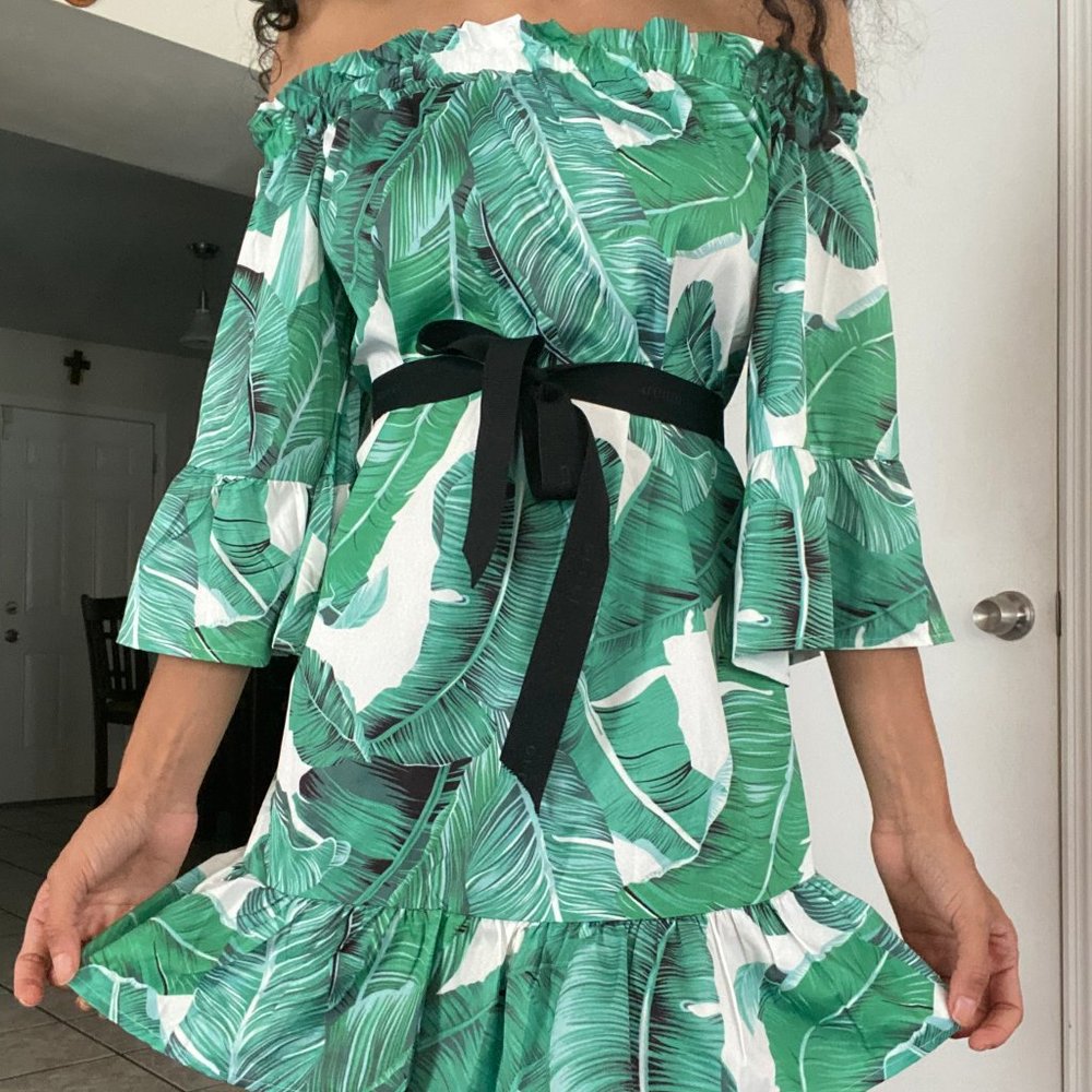 Green Leaf Off The Shoulder Dress